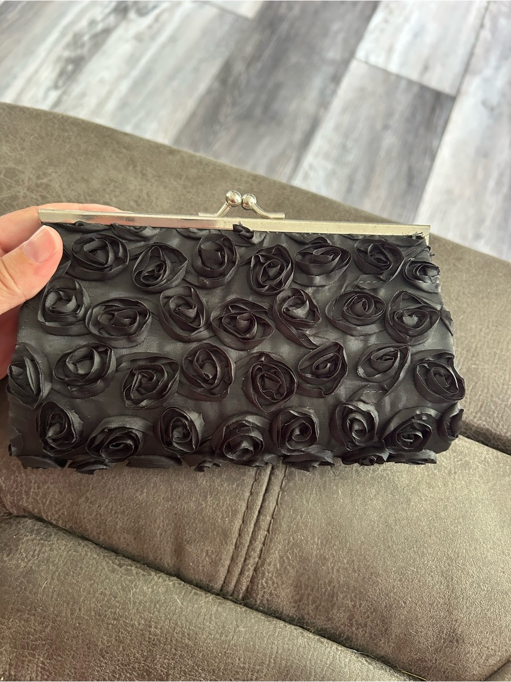 Black Floral Rosette Clutch - Elegant Evening Bag